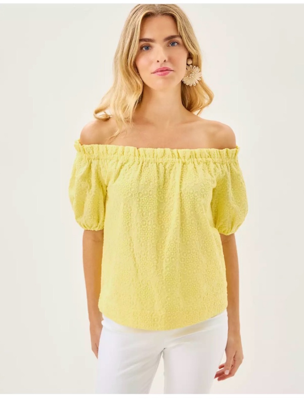 New Lilly Pulitzer Lemon Eyelet Off-Shoulder Puff Sleeve Top size Small